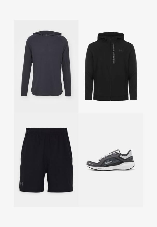 Schwarze, leichte Kapuzenjacke mit Reißverschluss aus weichem Material. Ausgestattet mit reflektierendem "UNDER ARMOUR"-Logo und einer glatten Struktur.; Langärmliges Kapuzenshirt in Dunkelgrau, aus leichtem Stoff mit glatter Textur und dezentem horizontalem Rippenmuster.; Schwarze Sportshorts mit elastischem Bund, versehen mit einem dezenten grauen Logo am linken Bein. Glattes Material, knielanges Design.; Schwarzer und grauer Sportschuh mit einem Mesh-Obermaterial, reflektierenden Akzenten und einer weißen Zwischensohle. Verfügt über eine strukturierte Gummisohle und Schnürsenkel.