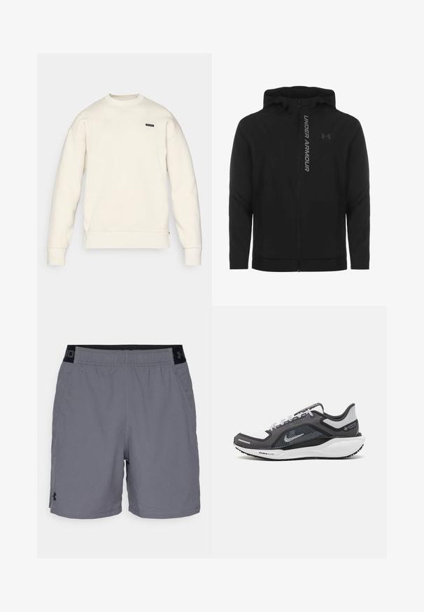 Zwart zip-up hooded jack gemaakt van zacht, lichtgewicht materiaal. Voorzien van een reflecterende "UNDER ARMOUR"-logo en een gladde textuur.; Lichtbeige sweatshirt met een ronde halslijn, ribgebreide mouwen en onderrand, en een klein zwart logo op de borst. Zachte textuur en een relaxte pasvorm.; Grijze sportshorts gemaakt van lichtgewicht stof, met een elastische tailleband met zwarte accenten en zijzakken. Eenvoudig ontwerp zonder patronen.; Zwarte en grijze sportschoen met een bovenwerk van mesh, reflecterende accenten en een witte tussenzool. Beschikt over een gestructureerde rubberen zool en veters.