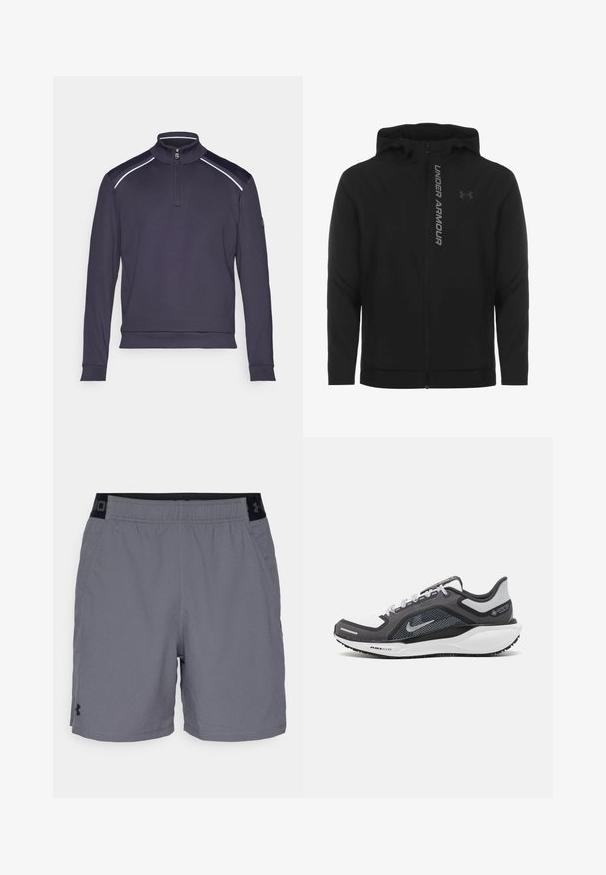 Chaqueta con capucha y cremallera negra hecha de material suave y ligero. Presenta un logotipo reflectante de "UNDER ARMOUR" y una textura lisa.; Chaleco marino con cuello con cremallera, mangas largas y acentos en los hombros de contraste. Textura suave y diseño ajustado para mayor comodidad y libertad de movimiento.; Pantalones cortos deportivos grises hechos de una tela ligera, con una cinturilla elástica con detalles en negro y bolsillos laterales. Diseño simple sin patrones.; Zapatilla deportiva negro y gris con parte superior de malla, acentos reflectantes y una entresuela blanca. Presenta una suela de goma texturizada y cordones.