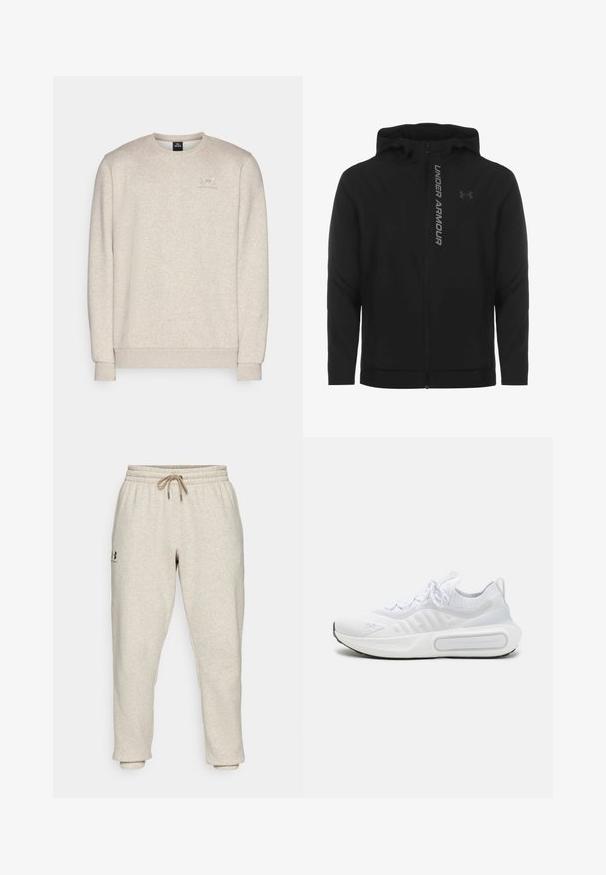 Sort lynlås hættejakke lavet af blødt, letvægtsmateriale. Har et reflekterende "UNDER ARMOUR"-logo og en glat overflade.; Lys beige sweatshirt lavet af blød stof, med rund halsudskæring, lange ærmer og et lille logo på brystet.; Beige sweatpants i blødt, struktureret stof med elastisk talje og snøre. Har et side-logo og tapered ankler for en afslappet pasform.; Hvid atletiksko med et struktureret strikoverdel, snørelukning, polstret sål og et karakteristisk branddetalje på siden.