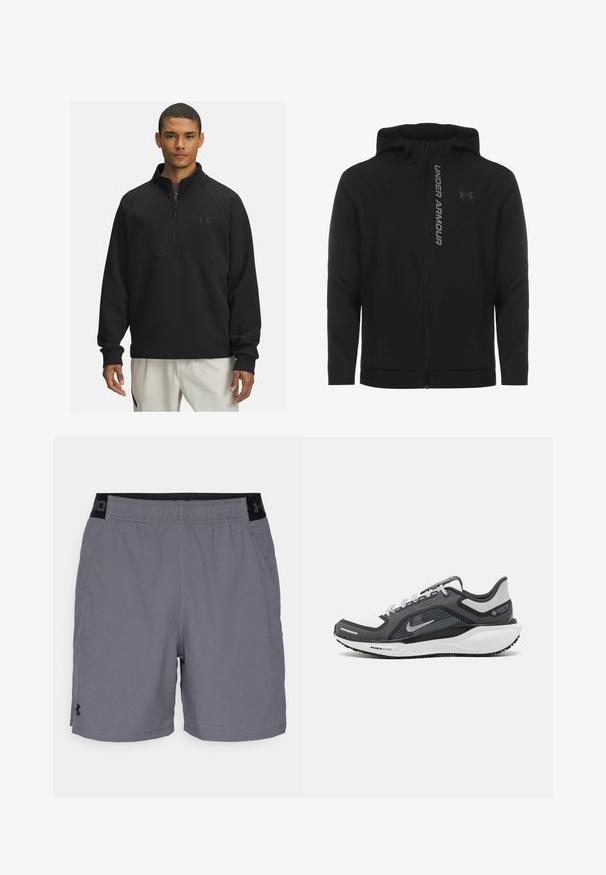 Černá zipová mikina s kapucí vyrobená z měkkého, lehkého materiálu. Obsahuje odrazový logo "UNDER ARMOUR" a hladkou texturu.; Černý půlzipový pulovr vyrobený z měkké tkaniny, s vysokým límcem, raglánovými rukávy a jemným logem na hrudi.; Šedé sportovní šortky vyrobené z lehkého materiálu, s elastickým pasem a černými akcenty a bočními kapsami. Jednoduchý design bez vzorů.; Černá a šedá sportovní obuv s vrškem z prodyšné síťoviny, reflexními akcenty a bílou mezipodešví. Obsahuje texturovanou gumovou podrážku a tkaničky.
