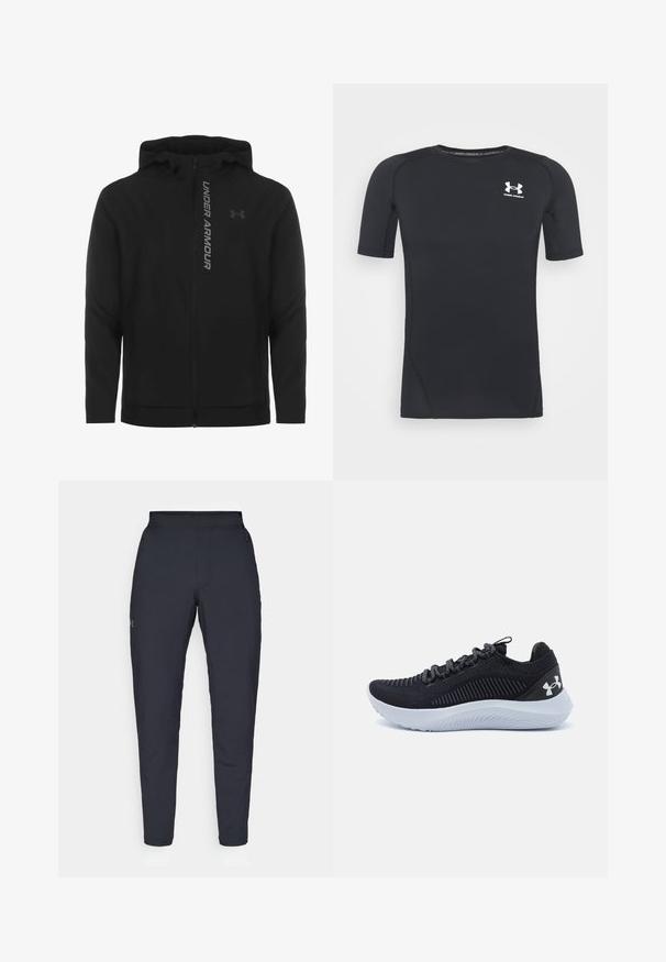 Giacca a zip nera con cappuccio realizzata in materiale morbido e leggero. Presenta il logo riflettente "UNDER ARMOUR" e una texture liscia.; Maglietta sportiva nera a maniche corte realizzata in tessuto traspirante e elastico. Presenta un collo rotondo e un piccolo logo bianco sul petto.; Pantaloni sportivi neri con una texture liscia, vestibilità slim, vita elastica e tasche laterali. Presentano un piccolo logo sulla coscia sinistra.; Scarpa sportiva nera con tomaia in tessuto testurizzato, lacci grigi e suola in gomma bianca. Presenta un design rigato e un logo prominente sul lato.