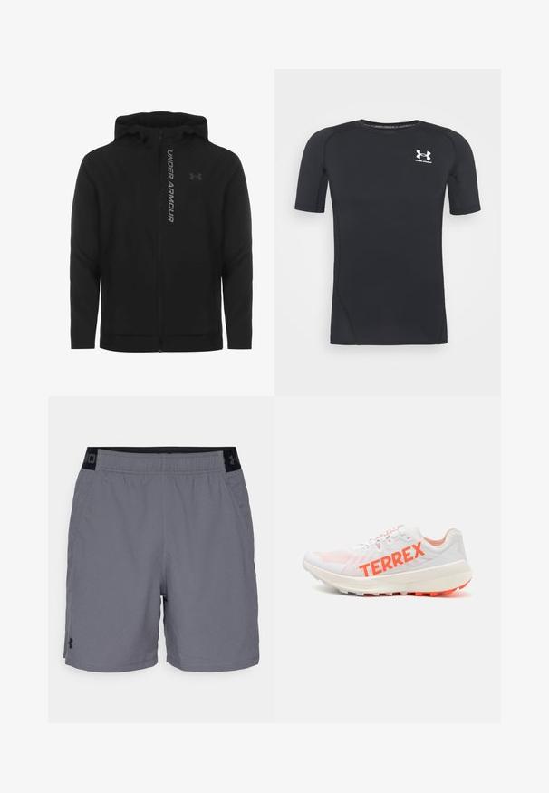 Čierna zipsová mikina s kapucňou vyrobená z jemného, ľahkého materiálu. Obsahuje reflexné logo "UNDER ARMOUR" a hladký povrch.; Čierne športové tričko s krátkym rukávom z látky, ktorá odvádza vlhkosť a je elastická. Má okrúhly výstrih a malú bielu nášivku na hrudi.; Šedé športovéšortky vyrobené z ľahkého materiálu, s elastickým pásom s čiernymi akcentmi a bočnými vreckami. Jednoduchý dizajn bez vzorov.; Biele športové tenisky s vrchnou časťou z jemnej sieťoviny a jasne oranžovým logom "TERREX". Obsahujú odpruženú podrážku a zvršok s textúrovanou priľnavosťou, navrhnuté na výkon.