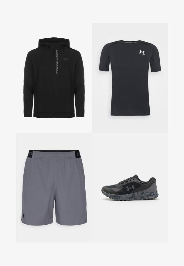 Veste à capuche zippée noire en matériau doux et léger. Arborant un logo "UNDER ARMOUR" réfléchissant et une texture lisse.; T-shirt de sport noir à manches courtes, fabriqué en tissu extensible à évacuation de l'humidité. Il possède un col rond et un petit logo blanc sur la poitrine.; Shorts de sport gris en tissu léger, avec une taille élastique et des accents noirs, dotés de poches latérales. Design simple sans motifs.; Chaussure de sport noire avec un dessus texturé, semelle en camouflage grise, et lacets plats. Présente le logo Under Armour sur le côté.