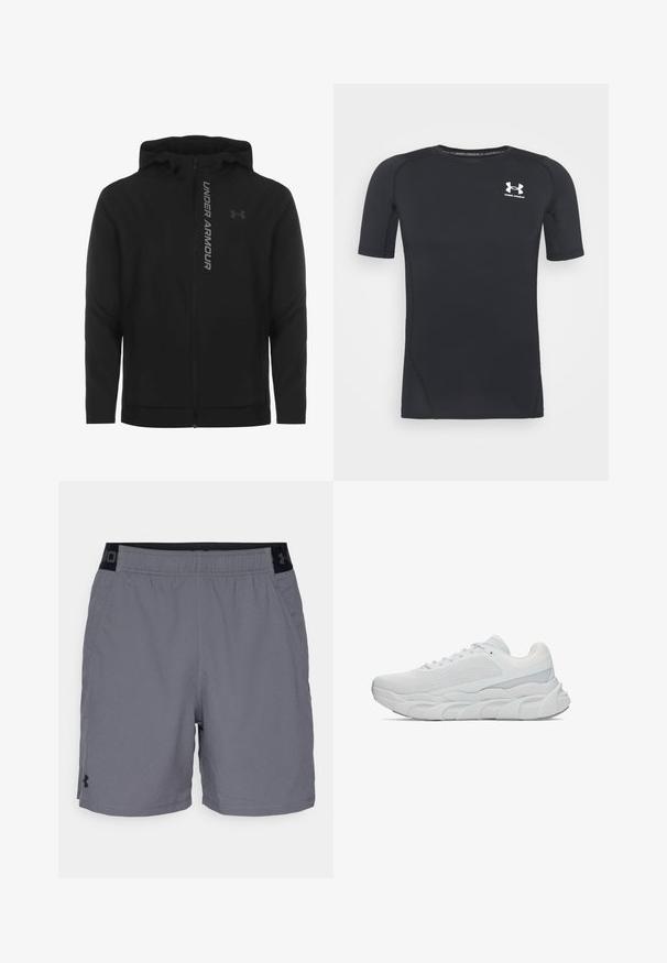 Black zip-up hooded jacket made of soft, lightweight material. Features reflective "UNDER ARMOUR" logo and a smooth texture.; Black short-sleeve athletic shirt made of moisture-wicking, stretchy fabric. Features a round neckline and a small white logo on the chest.; Gray athletic shorts made of lightweight fabric, featuring an elastic waistband with black accents and side pockets. Simple design with no patterns.; White athletic sneaker with textured mesh upper, cushioned sole, and layered design. Features laces and a rounded toe. Smooth accents on heel.