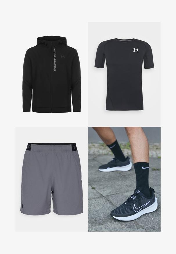 Melnā ar rāvējslēdzēju aizverama kapučjaka, kas izgatavota no mīksta, viegla materiāla. Tam ir atstarojošs "UNDER ARMOUR" logotips un gluda virsma.; Melnas īsās piedurknes sporta krekliņš izgatavots no mitrumu absorbējoša, elastīga auduma. Tam ir apaļa kakla izgriezuma forma un neliels balts logo krūšu rajonā.; Pelēki sporta šorti, izgatavoti no viegla auduma, ar elastīgu jostasvietu un melnu akcentu, kā arī sānu kabatām. Vienkāršs dizains bez rakstiem.; Nike Performance INTERACT RUN - Krosa skriešanas apavi - black/white/anthracite
