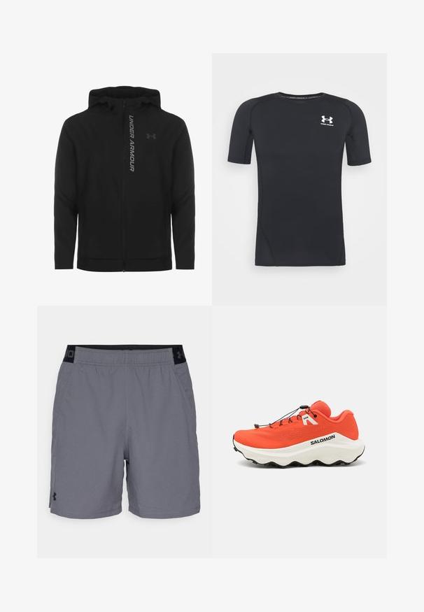 Black zip-up hooded jacket made of soft, lightweight material. Features reflective "UNDER ARMOUR" logo and a smooth texture.; Black short-sleeve athletic shirt made of moisture-wicking, stretchy fabric. Features a round neckline and a small white logo on the chest.; Gray athletic shorts made of lightweight fabric, featuring an elastic waistband with black accents and side pockets. Simple design with no patterns.; Orange trail running shoes with mesh upper, white midsole, textured black outsole, and adjustable bungee laces. Branding on the side.