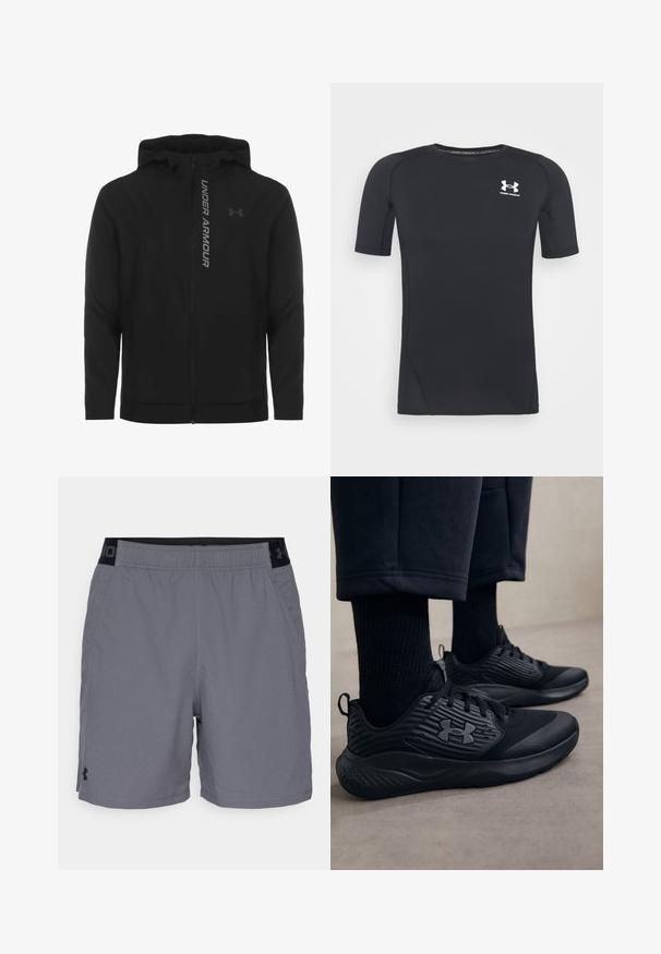 Čierna zipsová mikina s kapucňou vyrobená z jemného, ľahkého materiálu. Obsahuje reflexné logo "UNDER ARMOUR" a hladký povrch.; Čierne športové tričko s krátkym rukávom z látky, ktorá odvádza vlhkosť a je elastická. Má okrúhly výstrih a malú bielu nášivku na hrudi.; Šedé športovéšortky vyrobené z ľahkého materiálu, s elastickým pásom s čiernymi akcentmi a bočnými vreckami. Jednoduchý dizajn bez vzorov.; Osoba v čiernych atletických teniskách s textúrovanými bokmi a logom, v doplnku s čiernymi ponožkami a skrátenými nohavicami na svetlej podlahe.