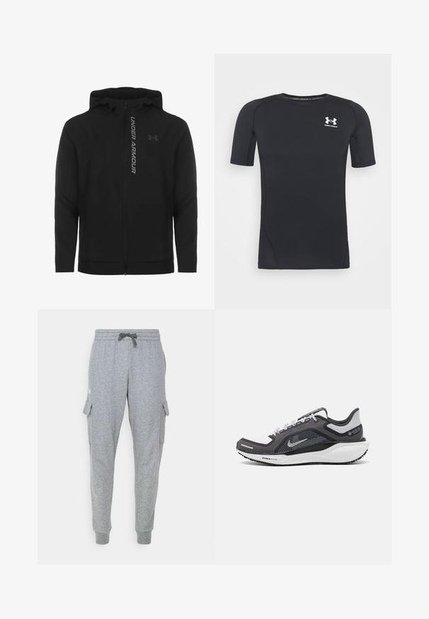 Zwart zip-up hooded jack gemaakt van zacht, lichtgewicht materiaal. Voorzien van een reflecterende "UNDER ARMOUR"-logo en een gladde textuur.; Zwart sportshirt met korte mouwen, gemaakt van vochtafvoerend, rekbaar materiaal. Heeft een ronde halslijn en een klein wit logo op de borst.; Grijze sweatpants van zachte stof, met een elastische tailleband met trekkoord, cargozakken en geribde boorden.; Zwarte en grijze sportschoen met een bovenwerk van mesh, reflecterende accenten en een witte tussenzool. Beschikt over een gestructureerde rubberen zool en veters.