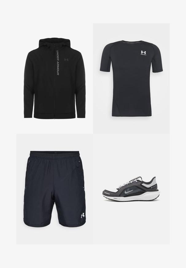 Schwarze, leichte Kapuzenjacke mit Reißverschluss aus weichem Material. Ausgestattet mit reflektierendem "UNDER ARMOUR"-Logo und einer glatten Struktur.; Schwarzes kurzärmliges Sportshirt aus feuchtigkeitsableitendem, elastischem Material. Verfügt über einen runden Halsausschnitt und ein kleines weißes Logo auf der Brust.; Schwarze Sportshorts mit elastischem Bund, Seitentaschen und einem kleinen weißen Logo am unteren rechten Bein. Hergestellt aus leichtem Stoff.; Schwarzer und grauer Sportschuh mit einem Mesh-Obermaterial, reflektierenden Akzenten und einer weißen Zwischensohle. Verfügt über eine strukturierte Gummisohle und Schnürsenkel.