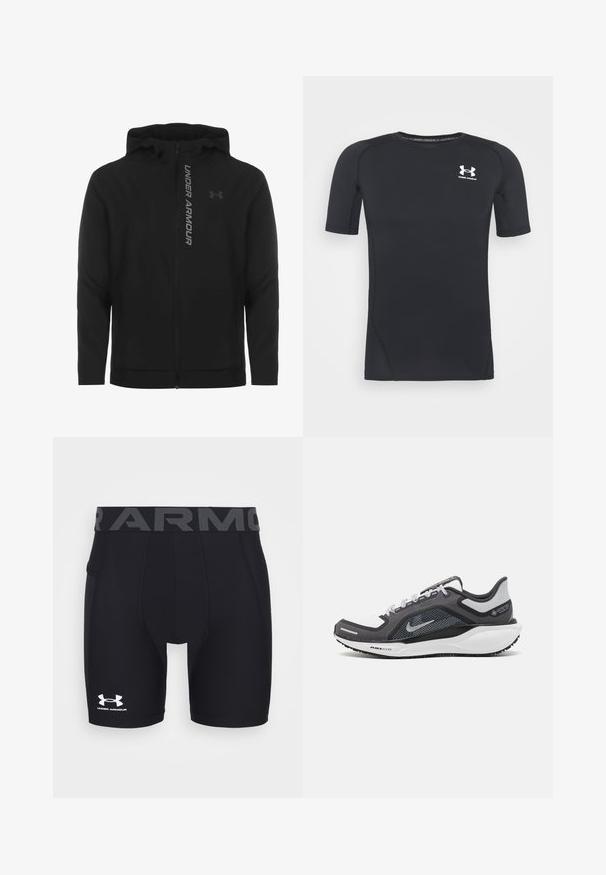 Black zip-up hooded jacket made of soft, lightweight material. Features reflective "UNDER ARMOUR" logo and a smooth texture.; Black short-sleeve athletic shirt made of moisture-wicking, stretchy fabric. Features a round neckline and a small white logo on the chest.; Black athletic compression shorts with a fitted design, elastic waistband featuring "ARMOUR" in grey, and a white Under Armour logo.; Black and gray athletic shoe with a mesh upper, reflective accents, and a white midsole. Features textured rubber outsole and laces.