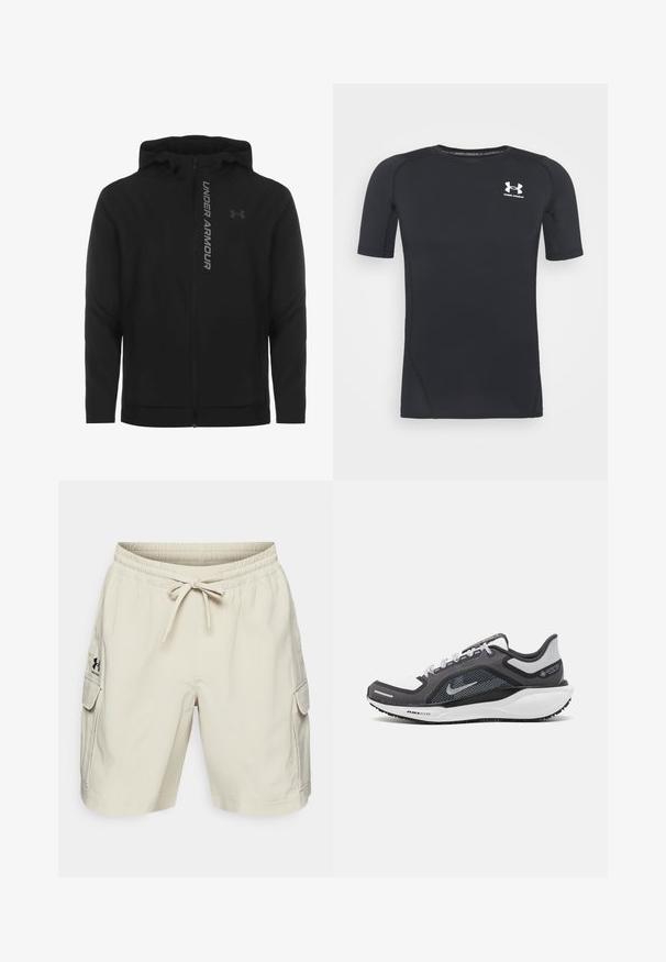 Juodas zip-up gobtuvu džemperis, pagamintas iš minkštos, lengvos medžiagos. Yra atspindintis "UNDER ARMOUR" logotipas ir glotni tekstūra.; Juodas trumpomis rankovėmis sportinis marškinėlis, pagamintas iš drėgmės sugeriančios, tamprios medžiagos. Turi apvalų iškirpimą ir mažą baltą logotipą ant krūtinės.; Šviesiai rudos spalvos kargo šortai su elastingu juosmeniu ir raišteliu. Yra dvi šoninės kišenės ir logotipas kairėje pusėje. Sklandaus audinio tekstūra.; Juodas ir pilkas sportinis batelis su tinkleliu viršuje, atspindinčiais akcentais ir balta vidurinė dalimi. Yra tekstūruota guminė išorinė pada ir raišteliai.