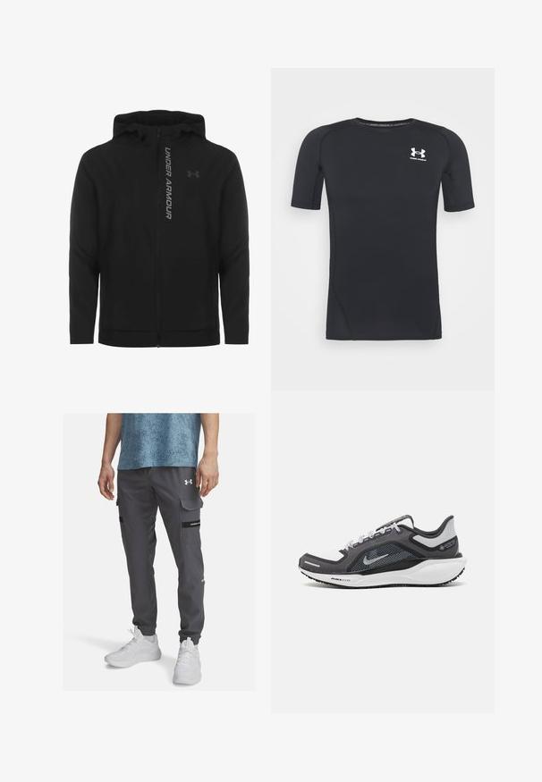 Zwart zip-up hooded jack gemaakt van zacht, lichtgewicht materiaal. Voorzien van een reflecterende "UNDER ARMOUR"-logo en een gladde textuur.; Zwart sportshirt met korte mouwen, gemaakt van vochtafvoerend, rekbaar materiaal. Heeft een ronde halslijn en een klein wit logo op de borst.; Grijze cargobroek van lichtgewicht stof, met zakken, zwarte accenten en een reflecterend logo. Draagt een blauwe getextureerde T-shirt met korte mouwen.; Zwarte en grijze sportschoen met een bovenwerk van mesh, reflecterende accenten en een witte tussenzool. Beschikt over een gestructureerde rubberen zool en veters.