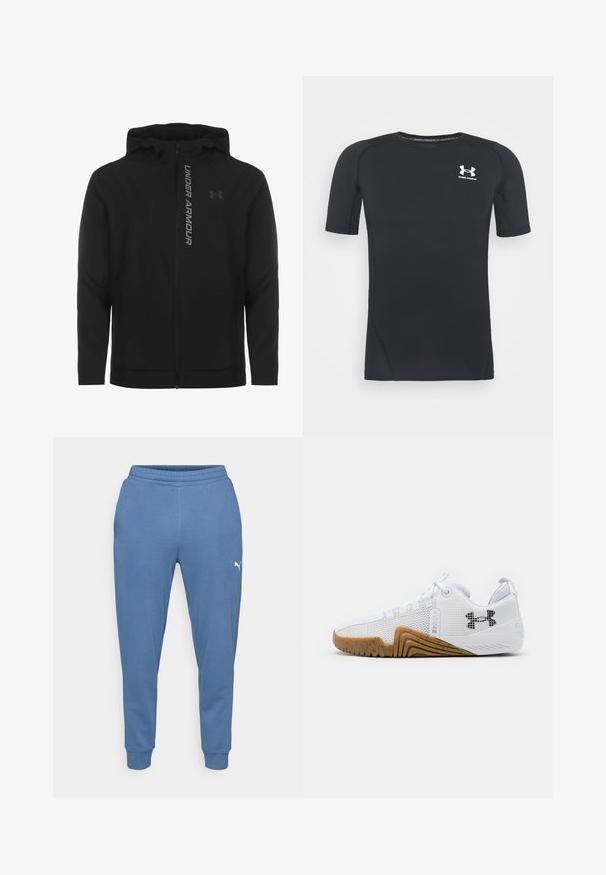 Črna zip-up kapuca izdelana iz mehkega, lahkotnega materiala. Ima odsevni logo "UNDER ARMOUR" in gladko teksturo.; Črna kratka športna majica z dolgimi rokavi iz tkanine, ki odvaja vlago in je raztegljiva. Ima okroglo ovratnico in majhen beli logotip na prsih.; Modre trenirke iz mehkega blaga, z elastičnim pasom in zoženimi nogami, z majhnim belim logotipom na levem stegnu.; Bele športne čevlje z mrežastim zgornjim delom, gumijastim podplatom v barvi gumija, teksturiranimi poudarki in črnim logotipom na strani.