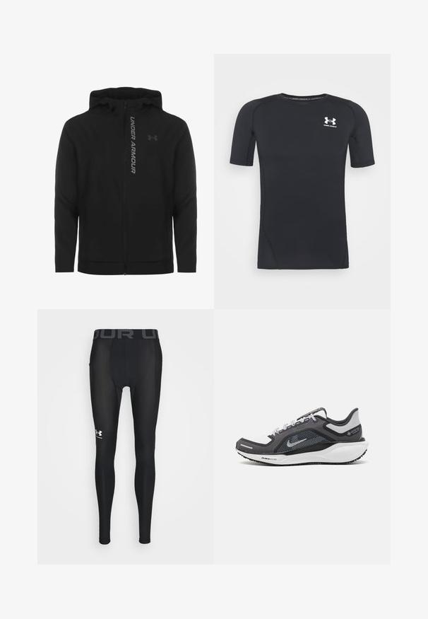 Czarna kurtka z kapturem zapinana na zamek, wykonana z miękkiego, lekkiego materiału. Posiada odblaskowe logo "UNDER ARMOUR" i gładką fakturę.; Czarny, krótki rękaw, sportowa koszulka wykonana z odprowadzającego wilgoć, elastycznego materiału. Posiada okrągły dekolt i małe białe logo na piersi.; Czarne legginsy kompresyjne z gładkiego, elastycznego materiału, z szerokim, elastycznym paskiem w talii z logo "UNDER ARMOUR" w kolorze szarym oraz stylizowanym logo na dole nogawki.; Czarne i szare buty sportowe z siateczkową cholewką, odblaskowymi akcentami i białą podeszwą środkową. Posiadają teksturowaną gumową podeszwę i sznurowadła.