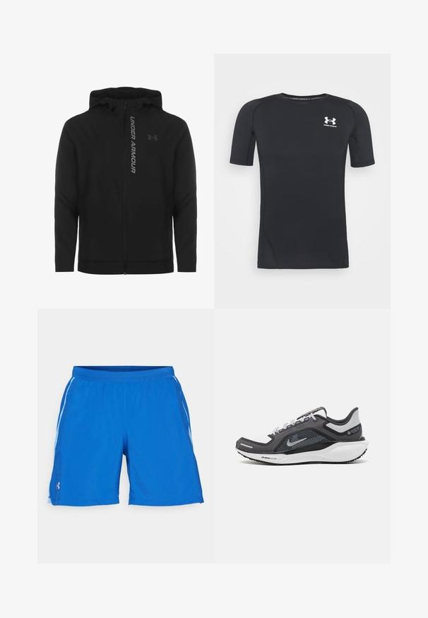 Juodas zip-up gobtuvu džemperis, pagamintas iš minkštos, lengvos medžiagos. Yra atspindintis "UNDER ARMOUR" logotipas ir glotni tekstūra.; Juodas trumpomis rankovėmis sportinis marškinėlis, pagamintas iš drėgmės sugeriančios, tamprios medžiagos. Turi apvalų iškirpimą ir mažą baltą logotipą ant krūtinės.; Mėlynos sportinės šortai, pagaminti iš lengvos medžiagos, su raišteliu reguliuojamu juosmeniu ir baltomis šoninėmis juostelėmis, suteikiančiomis papildomą akcentą.; Juodas ir pilkas sportinis batelis su tinkleliu viršuje, atspindinčiais akcentais ir balta vidurinė dalimi. Yra tekstūruota guminė išorinė pada ir raišteliai.
