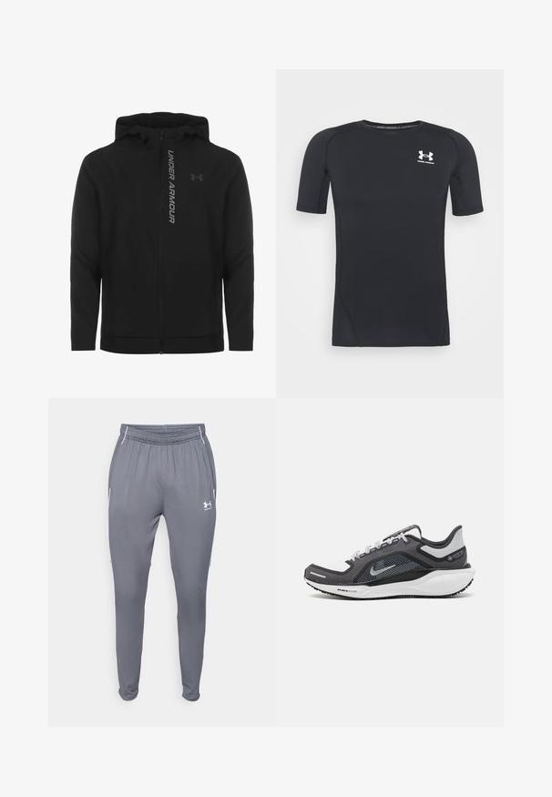 Black zip-up hooded jacket made of soft, lightweight material. Features reflective "UNDER ARMOUR" logo and a smooth texture.; Black short-sleeve athletic shirt made of moisture-wicking, stretchy fabric. Features a round neckline and a small white logo on the chest.; Gray athletic pants with elastic waistband, side pockets, and white accents. Made from a smooth, lightweight material.; Black and gray athletic shoe with a mesh upper, reflective accents, and a white midsole. Features textured rubber outsole and laces.