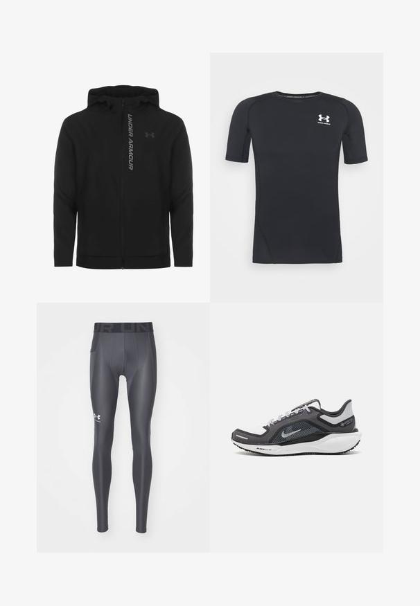 Svart zip-up huva jacka gjord av mjukt, lätt material. Har reflektiv "UNDER ARMOUR"-logotyp och en slät textur.; Svart kortärmad atletisk tröja gjord av fukttransporterande, elastisk tyg. Har en rund halsringning och en liten vit logotyp på bröstet.; Grå atletiska leggings i ett slätt, stretchigt material, med en bred svart midjeresår och en liten vit logotyp på det nedre benet.; Svart och grå atletisk sko med ovandel i mesh, reflexdetaljer och en vit mellansula. Har en strukturerad gummisula och skosnören.