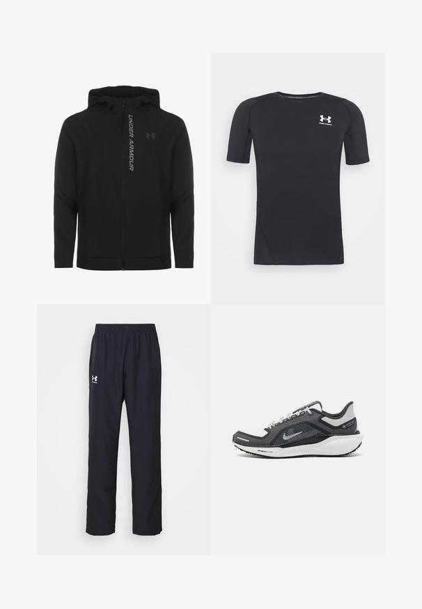 Juodas zip-up gobtuvu džemperis, pagamintas iš minkštos, lengvos medžiagos. Yra atspindintis "UNDER ARMOUR" logotipas ir glotni tekstūra.; Juodas trumpomis rankovėmis sportinis marškinėlis, pagamintas iš drėgmės sugeriančios, tamprios medžiagos. Turi apvalų iškirpimą ir mažą baltą logotipą ant krūtinės.; Juodi sportiniai keliai iš sintetinio audinio, su elastinga juostos juosta ir balta Under Armour logotipu kairėje šlaunyje.; Juodas ir pilkas sportinis batelis su tinkleliu viršuje, atspindinčiais akcentais ir balta vidurinė dalimi. Yra tekstūruota guminė išorinė pada ir raišteliai.