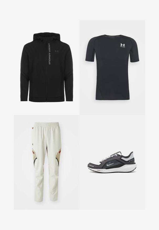 Sort lynlås hættejakke lavet af blødt, letvægtsmateriale. Har et reflekterende "UNDER ARMOUR"-logo og en glat overflade.; Sort kortærmet træningsskjorte lavet af fugttransporterende, strækbart stof. Har rund halsudskæring og et lille hvidt logo på brystet.; Lys beige bukser med elastisk talje, med sorte og brune detaljer samt to store sidelommer, lavet af glat, holdbart materiale.; Sort og grå atletisk sko med en mesh-overdel, reflekterende detaljer og en hvid mellemsål. Har en tekstureret gummisål og snørebånd.