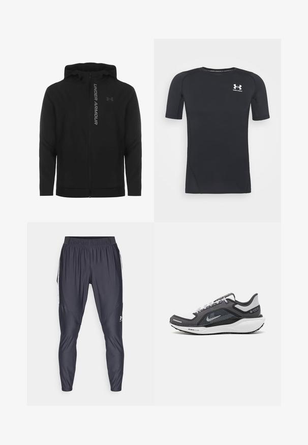 Schwarze, leichte Kapuzenjacke mit Reißverschluss aus weichem Material. Ausgestattet mit reflektierendem "UNDER ARMOUR"-Logo und einer glatten Struktur.; Schwarzes kurzärmliges Sportshirt aus feuchtigkeitsableitendem, elastischem Material. Verfügt über einen runden Halsausschnitt und ein kleines weißes Logo auf der Brust.; Schwarze Sporthose aus leichtem, glattem Material. Mit elastischem Bund, schmal zulaufenden Beinen und weißen Seitenstreifen. Logo nahe dem Saum.; Schwarzer und grauer Sportschuh mit einem Mesh-Obermaterial, reflektierenden Akzenten und einer weißen Zwischensohle. Verfügt über eine strukturierte Gummisohle und Schnürsenkel.