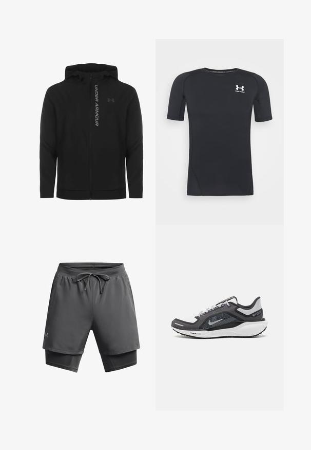Musta vetoketjulla varustettu huppari, joka on valmistettu pehmeästä ja kevyestä materiaalista. Varustettu heijastavalla "UNDER ARMOUR" -logolla ja sileällä pinnalla.; Musta lyhythihainen urheilupaita, joka on valmistettu kosteutta siirtävästä, joustavasta kankaasta. Paidassa on pyöreä pääntie ja pieni valkoinen logo rinnassa.; Miestenské športové šortky v tmavosivej farbe, s nastaviteľným pásom na šnúrku, materiálom pre odvod vlhkosti, vonkajšou vrstvou a vnútornou priliehavou podšívkou.; Musta ja harmaa urheilukenka, jossa on verkkopäällinen, heijastavat yksityiskohdat ja valkoinen välipohja. Varustettu kuvioidulla kumipohjalla ja nauhoilla.