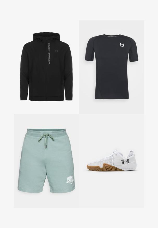 Chaqueta con capucha y cremallera negra hecha de material suave y ligero. Presenta un logotipo reflectante de "UNDER ARMOUR" y una textura lisa.; Camiseta atlética negra de manga corta hecha de un tejido que absorbe la humedad y es elástico. Cuenta con un cuello redondo y un pequeño logo blanco en el pecho.; Pantalones cortos de algodón verde claro con cintura elástica y cordón. Presenta un logo blanco "PUMA sports club" en la parte inferior izquierda. Textura suave.; Zapatillas deportivas blancas con parte superior de malla, suela de goma de color goma, acentos texturizados y un logo negro en el costado.