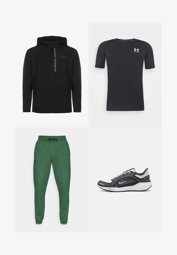 Chaqueta con capucha y cremallera negra hecha de material suave y ligero. Presenta un logotipo reflectante de "UNDER ARMOUR" y una textura lisa.; Camiseta atlética negra de manga corta hecha de un tejido que absorbe la humedad y es elástico. Cuenta con un cuello redondo y un pequeño logo blanco en el pecho.; Pantalones de chándal verdes en una tela suave y texturizada. Cuenta con una cintura elástica con cordón y un pequeño logo en el costado.; Zapatilla deportiva negro y gris con parte superior de malla, acentos reflectantes y una entresuela blanca. Presenta una suela de goma texturizada y cordones.