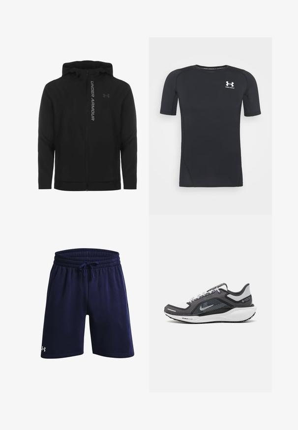 Black zip-up hooded jacket made of soft, lightweight material. Features reflective "UNDER ARMOUR" logo and a smooth texture.; Black short-sleeve athletic shirt made of moisture-wicking, stretchy fabric. Features a round neckline and a small white logo on the chest.; Navy athletic shorts made from soft fabric, featuring an elastic waistband with drawstring and a small white logo on the lower left side.; Black and gray athletic shoe with a mesh upper, reflective accents, and a white midsole. Features textured rubber outsole and laces.