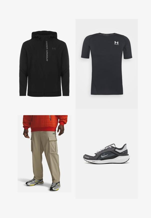 Czarna kurtka z kapturem zapinana na zamek, wykonana z miękkiego, lekkiego materiału. Posiada odblaskowe logo "UNDER ARMOUR" i gładką fakturę.; Czarny, krótki rękaw, sportowa koszulka wykonana z odprowadzającego wilgoć, elastycznego materiału. Posiada okrągły dekolt i małe białe logo na piersi.; Beżowe spodnie cargo z bocznymi kieszeniami, wykonane z lekkiego materiału i dopasowanego kroju. W połączeniu z czarno-srebrnymi butami sportowymi z żółtymi akcentami.; Czarne i szare buty sportowe z siateczkową cholewką, odblaskowymi akcentami i białą podeszwą środkową. Posiadają teksturowaną gumową podeszwę i sznurowadła.