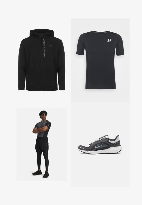 Juodas zip-up gobtuvu džemperis, pagamintas iš minkštos, lengvos medžiagos. Yra atspindintis "UNDER ARMOUR" logotipas ir glotni tekstūra.; Juodas trumpomis rankovėmis sportinis marškinėlis, pagamintas iš drėgmės sugeriančios, tamprios medžiagos. Turi apvalų iškirpimą ir mažą baltą logotipą ant krūtinės.; Sportinė apranga, kurią sudaro prigludusi juoda ir pilka trumpųjų rankovių maikutė, juodos šortai ir juodos leginsai, derinami su sportiniais saulės akiniais ir batais.; Juodas ir pilkas sportinis batelis su tinkleliu viršuje, atspindinčiais akcentais ir balta vidurinė dalimi. Yra tekstūruota guminė išorinė pada ir raišteliai.