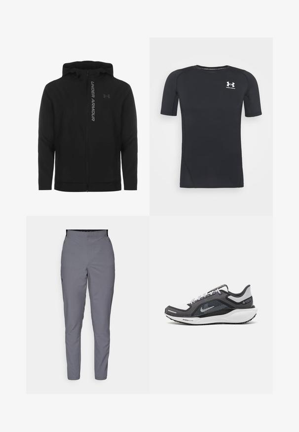 Sort lynlås hættejakke lavet af blødt, letvægtsmateriale. Har et reflekterende "UNDER ARMOUR"-logo og en glat overflade.; Sort kortærmet træningsskjorte lavet af fugttransporterende, strækbart stof. Har rund halsudskæring og et lille hvidt logo på brystet.; Grå, tapered bukser med en glat tekstur, elastisk talje og sidelommer. Har et lille logo på venstre lår.; Sort og grå atletisk sko med en mesh-overdel, reflekterende detaljer og en hvid mellemsål. Har en tekstureret gummisål og snørebånd.