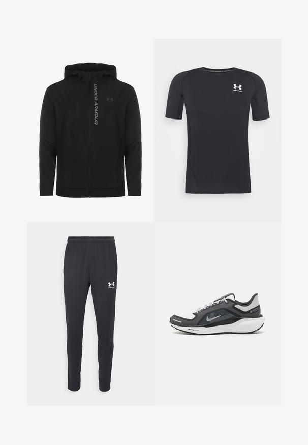 Melnā ar rāvējslēdzēju aizverama kapučjaka, kas izgatavota no mīksta, viegla materiāla. Tam ir atstarojošs "UNDER ARMOUR" logotips un gluda virsma.; Melnas īsās piedurknes sporta krekliņš izgatavots no mitrumu absorbējoša, elastīga auduma. Tam ir apaļa kakla izgriezuma forma un neliels balts logo krūšu rajonā.; Melni sporta bikses ar elastīgu jostasvietu, sašaurinātiem legiem un baltu Under Armour logo kreisajā augšstilbā. Gluda auduma tekstūra.; Melnas un pelēkas sporta kurpes ar tīklu augšdaļu, atstarojošiem akcentiem un baltu starpzoli. Aprīkotas ar teksturētu gumijas zoli un šņorēm.