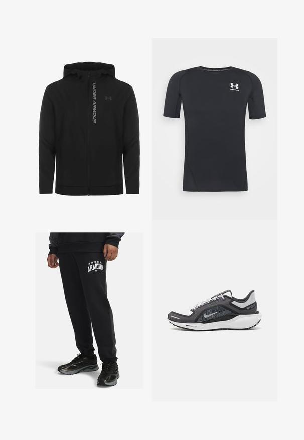 Čierna zipsová mikina s kapucňou vyrobená z jemného, ľahkého materiálu. Obsahuje reflexné logo "UNDER ARMOUR" a hladký povrch.; Čierne športové tričko s krátkym rukávom z látky, ktorá odvádza vlhkosť a je elastická. Má okrúhly výstrih a malú bielu nášivku na hrudi.; Čierne tepláky s úzkym strihom, s logom "UNDER ARMOUR" v bielej farbe. Vyrobené z mäkkej tkaniny, so strieborným prúžkom na boku.; Čierna a sivá športová obuv s vrchnou časťou z priedušného materiálu, reflexné akcenty a biely medzipodrážka. Obsahuje štruktúrovanú gumovú podrážku a šnúrky.