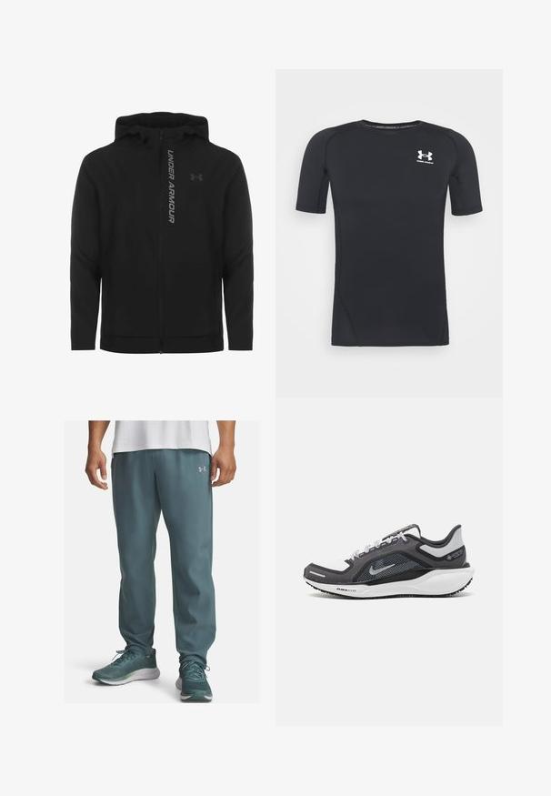 Čierna zipsová mikina s kapucňou vyrobená z jemného, ľahkého materiálu. Obsahuje reflexné logo "UNDER ARMOUR" a hladký povrch.; Čierne športové tričko s krátkym rukávom z látky, ktorá odvádza vlhkosť a je elastická. Má okrúhly výstrih a malú bielu nášivku na hrudi.; Ľahké atletické nohavice v teal farbe s hladkým povrchom, s strieborným logom na ľavej strane a zúženým strihom smerom k členkom.; Čierna a sivá športová obuv s vrchnou časťou z priedušného materiálu, reflexné akcenty a biely medzipodrážka. Obsahuje štruktúrovanú gumovú podrážku a šnúrky.