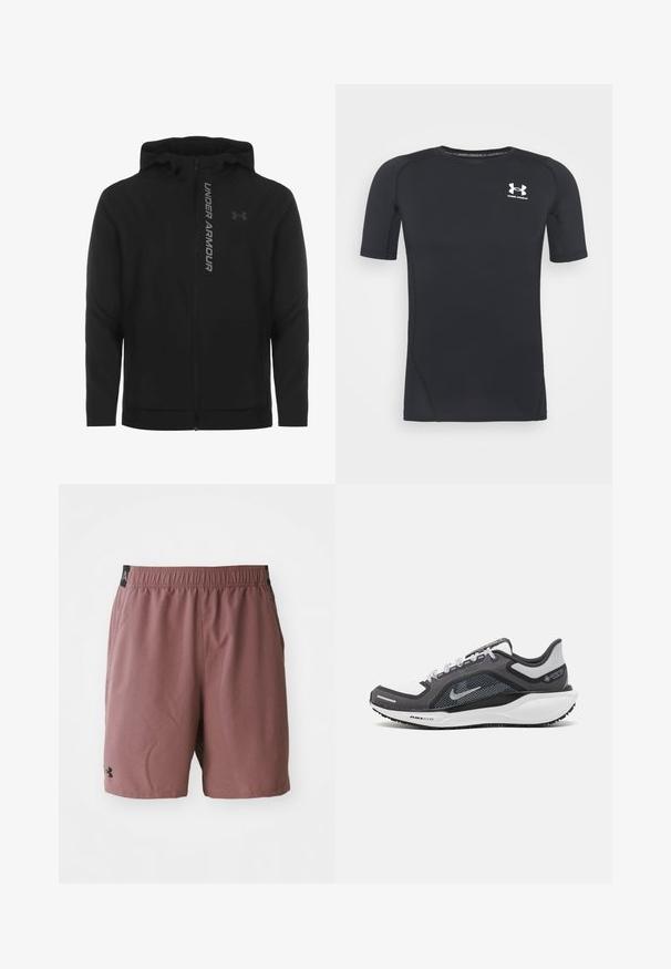 Juodas zip-up gobtuvu džemperis, pagamintas iš minkštos, lengvos medžiagos. Yra atspindintis "UNDER ARMOUR" logotipas ir glotni tekstūra.; Juodas trumpomis rankovėmis sportinis marškinėlis, pagamintas iš drėgmės sugeriančios, tamprios medžiagos. Turi apvalų iškirpimą ir mažą baltą logotipą ant krūtinės.; Under Armour VANISH SHORTS - Sportiniai šortai - maroon mist/black; Juodas ir pilkas sportinis batelis su tinkleliu viršuje, atspindinčiais akcentais ir balta vidurinė dalimi. Yra tekstūruota guminė išorinė pada ir raišteliai.