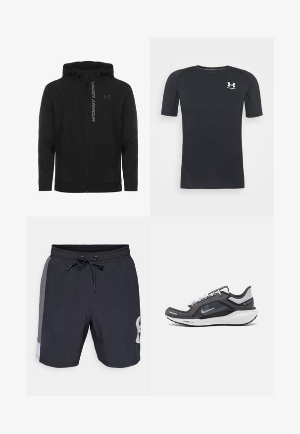 Must must erineva kapuutsiga jakk, mis on valmistatud pehmest ja kergest materjalist. Omab peegeldavat "UNDER ARMOUR" logo ja sujuvat tekstuuri.; Must musta-särk lühikeste varrukatega, valmistatud niiskust eemaldavast, elastsetest kangast. Ümar kaelus ja väikene valge logo rinnal.; Mustad must ujumispüksid elastse vöökoha ja reguleeritava nööri ning hallide külgpaneelitega. Alumise jala osas on valge logo. Sile tekstuur.; Mustern ja hallide värvusega spordijalats, millel on võrgusilmast ülemine osa, peegeldavad aktsendid ja valge vaheosa. Omab tekstuuriga kummist välisosa ja kingapaelu.
