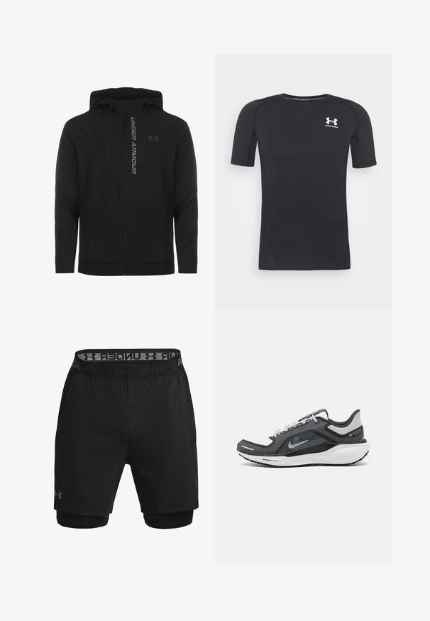 Musta vetoketjulla varustettu huppari, joka on valmistettu pehmeästä ja kevyestä materiaalista. Varustettu heijastavalla "UNDER ARMOUR" -logolla ja sileällä pinnalla.; Musta lyhythihainen urheilupaita, joka on valmistettu kosteutta siirtävästä, joustavasta kankaasta. Paidassa on pyöreä pääntie ja pieni valkoinen logo rinnassa.; Musta urheilushortsit, joissa on tiukka sisäkerros, elastinen vyötärö, jossa on brändin nimi, ja sileä, kevyt kangas.; Musta ja harmaa urheilukenka, jossa on verkkopäällinen, heijastavat yksityiskohdat ja valkoinen välipohja. Varustettu kuvioidulla kumipohjalla ja nauhoilla.