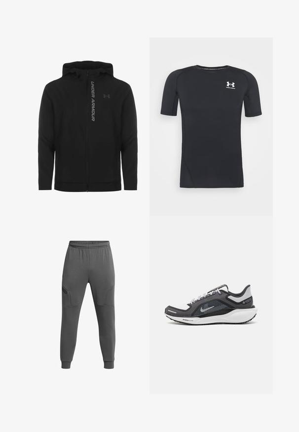 Juodas zip-up gobtuvu džemperis, pagamintas iš minkštos, lengvos medžiagos. Yra atspindintis "UNDER ARMOUR" logotipas ir glotni tekstūra.; Juodas trumpomis rankovėmis sportinis marškinėlis, pagamintas iš drėgmės sugeriančios, tamprios medžiagos. Turi apvalų iškirpimą ir mažą baltą logotipą ant krūtinės.; Pilkos sportinės džinsinės kelnės su elastine juosta, siaurėjančiomis kojomis, šoninėmis kišenėmis ir tekstūruotais intarpais, suteikiančiais papildomų detalių.; Juodas ir pilkas sportinis batelis su tinkleliu viršuje, atspindinčiais akcentais ir balta vidurinė dalimi. Yra tekstūruota guminė išorinė pada ir raišteliai.