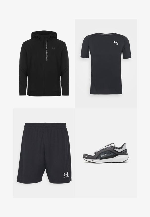 Svart zip-up huva jacka gjord av mjukt, lätt material. Har reflektiv "UNDER ARMOUR"-logotyp och en slät textur.; Svart kortärmad atletisk tröja gjord av fukttransporterande, elastisk tyg. Har en rund halsringning och en liten vit logotyp på bröstet.; Svarta träningsshorts tillverkade av slätt tyg med elastisk midja. Har en silverfärgad logotyp på nedre högra sidan.; Svart och grå atletisk sko med ovandel i mesh, reflexdetaljer och en vit mellansula. Har en strukturerad gummisula och skosnören.