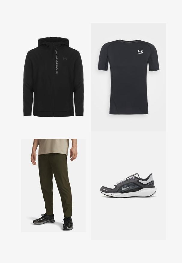 Čierna zipsová mikina s kapucňou vyrobená z jemného, ľahkého materiálu. Obsahuje reflexné logo "UNDER ARMOUR" a hladký povrch.; Čierne športové tričko s krátkym rukávom z látky, ktorá odvádza vlhkosť a je elastická. Má okrúhly výstrih a malú bielu nášivku na hrudi.; Olivovo zelené športové nohavice so zúženým strihom, textúrovanou látkou a diskrétnym brandingom. V páre s čiernymi teniskami s reflexnými prvkami.; Čierna a sivá športová obuv s vrchnou časťou z priedušného materiálu, reflexné akcenty a biely medzipodrážka. Obsahuje štruktúrovanú gumovú podrážku a šnúrky.
