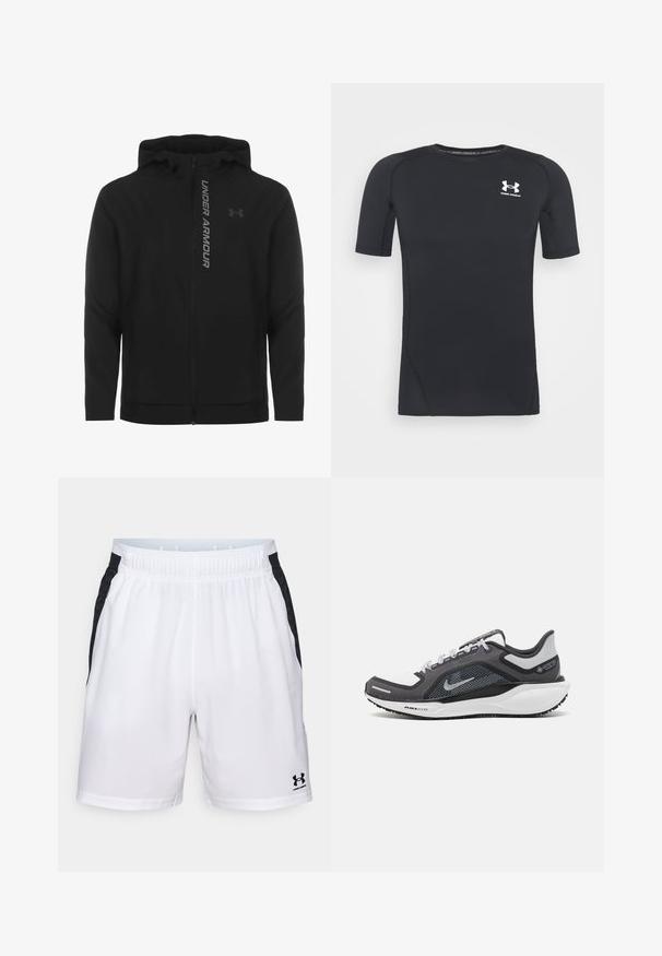 Črna zip-up kapuca izdelana iz mehkega, lahkotnega materiala. Ima odsevni logo "UNDER ARMOUR" in gladko teksturo.; Črna kratka športna majica z dolgimi rokavi iz tkanine, ki odvaja vlago in je raztegljiva. Ima okroglo ovratnico in majhen beli logotip na prsih.; Bele športne kratke hlače v beli barvi z črnimi stranskimi akcenti, elastičnim pasom in logotipom Under Armour na spodnjem desnem delu noge. Gladka tekstura in lahka materiala.; Črne in sive atletske čevlje z mrežasto zgornjim delom, odsevnimi detajli in belim srednjim podplatom. Imajo strukturiran gumijast podplat in vezalke.