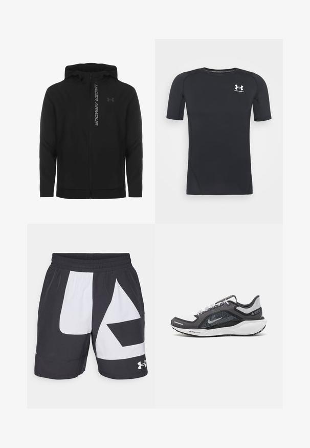 Must must erineva kapuutsiga jakk, mis on valmistatud pehmest ja kergest materjalist. Omab peegeldavat "UNDER ARMOUR" logo ja sujuvat tekstuuri.; Must musta-särk lühikeste varrukatega, valmistatud niiskust eemaldavast, elastsetest kangast. Ümar kaelus ja väikene valge logo rinnal.; Under Armour ZONE SHORT - Spordišortsid - black/white; Mustern ja hallide värvusega spordijalats, millel on võrgusilmast ülemine osa, peegeldavad aktsendid ja valge vaheosa. Omab tekstuuriga kummist välisosa ja kingapaelu.