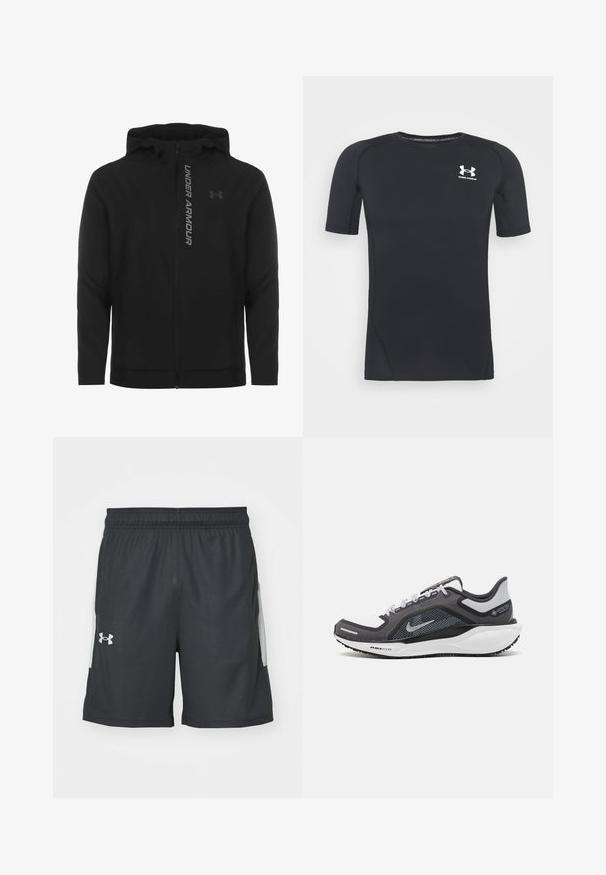 Black zip-up hooded jacket made of soft, lightweight material. Features reflective "UNDER ARMOUR" logo and a smooth texture.; Black short-sleeve athletic shirt made of moisture-wicking, stretchy fabric. Features a round neckline and a small white logo on the chest.; Black athletic shorts made of lightweight material, featuring an elastic waistband and two side pockets with gray accents. Under Armour logo displayed.; Black and gray athletic shoe with a mesh upper, reflective accents, and a white midsole. Features textured rubber outsole and laces.