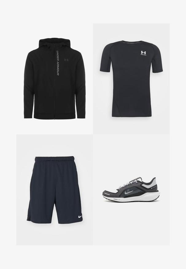 Black zip-up hooded jacket made of soft, lightweight material. Features reflective "UNDER ARMOUR" logo and a smooth texture.; Black short-sleeve athletic shirt made of moisture-wicking, stretchy fabric. Features a round neckline and a small white logo on the chest.; Navy athletic shorts made of polyester with an elastic waistband, side pockets, and a white Nike logo on the lower left leg.; Black and gray athletic shoe with a mesh upper, reflective accents, and a white midsole. Features textured rubber outsole and laces.