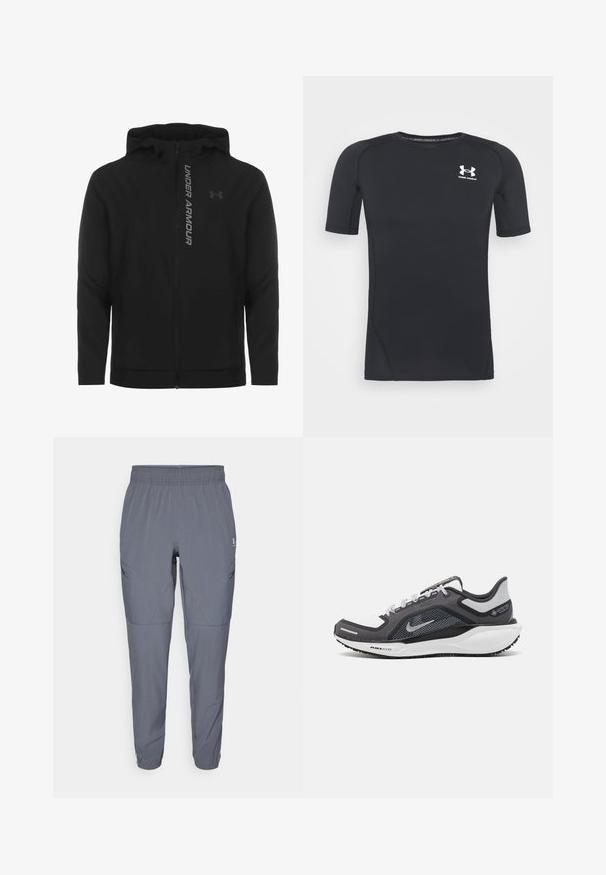 Black zip-up hooded jacket made of soft, lightweight material. Features reflective "UNDER ARMOUR" logo and a smooth texture.; Black short-sleeve athletic shirt made of moisture-wicking, stretchy fabric. Features a round neckline and a small white logo on the chest.; Lightweight gray stretch pants with an elastic waistband, tapered fit, and angled side pockets, featuring subtle stitching details.; Black and gray athletic shoe with a mesh upper, reflective accents, and a white midsole. Features textured rubber outsole and laces.