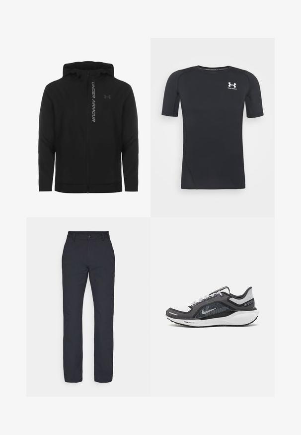 Juodas zip-up gobtuvu džemperis, pagamintas iš minkštos, lengvos medžiagos. Yra atspindintis "UNDER ARMOUR" logotipas ir glotni tekstūra.; Juodas trumpomis rankovėmis sportinis marškinėlis, pagamintas iš drėgmės sugeriančios, tamprios medžiagos. Turi apvalų iškirpimą ir mažą baltą logotipą ant krūtinės.; Juoda tiesiomis kojomis kelnės su lygiu audiniu, turinčios juosmenį su sagos uždarymu ir be matomų raštų ar akcentų.; Juodas ir pilkas sportinis batelis su tinkleliu viršuje, atspindinčiais akcentais ir balta vidurinė dalimi. Yra tekstūruota guminė išorinė pada ir raišteliai.