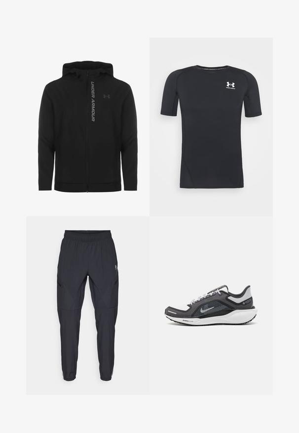 Zwart zip-up hooded jack gemaakt van zacht, lichtgewicht materiaal. Voorzien van een reflecterende "UNDER ARMOUR"-logo en een gladde textuur.; Zwart sportshirt met korte mouwen, gemaakt van vochtafvoerend, rekbaar materiaal. Heeft een ronde halslijn en een klein wit logo op de borst.; Zwarte sportbroek gemaakt van lichtgewicht stof. Kenmerkt zich door een elastische tailleband, taps toelopende benen en ritszakken aan de zijkant.; Zwarte en grijze sportschoen met een bovenwerk van mesh, reflecterende accenten en een witte tussenzool. Beschikt over een gestructureerde rubberen zool en veters.