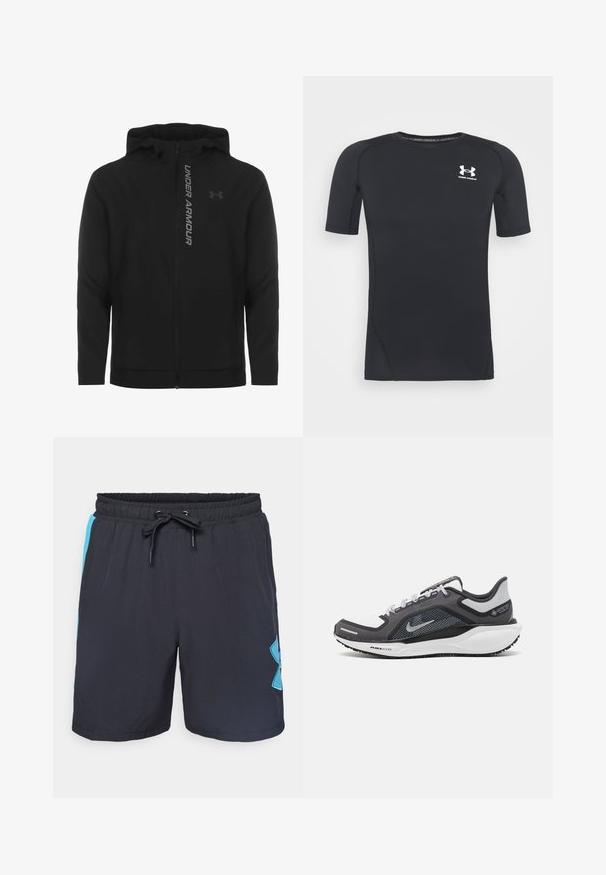 Must must erineva kapuutsiga jakk, mis on valmistatud pehmest ja kergest materjalist. Omab peegeldavat "UNDER ARMOUR" logo ja sujuvat tekstuuri.; Must musta-särk lühikeste varrukatega, valmistatud niiskust eemaldavast, elastsetest kangast. Ümar kaelus ja väikene valge logo rinnal.; Mustad mustad sportlikud lühikesed püksid elastse vöökoha ja nööri sulgemisega, külgedel sinised paneelid ning silmapaistev helesinine logo paremal jalal.; Mustern ja hallide värvusega spordijalats, millel on võrgusilmast ülemine osa, peegeldavad aktsendid ja valge vaheosa. Omab tekstuuriga kummist välisosa ja kingapaelu.