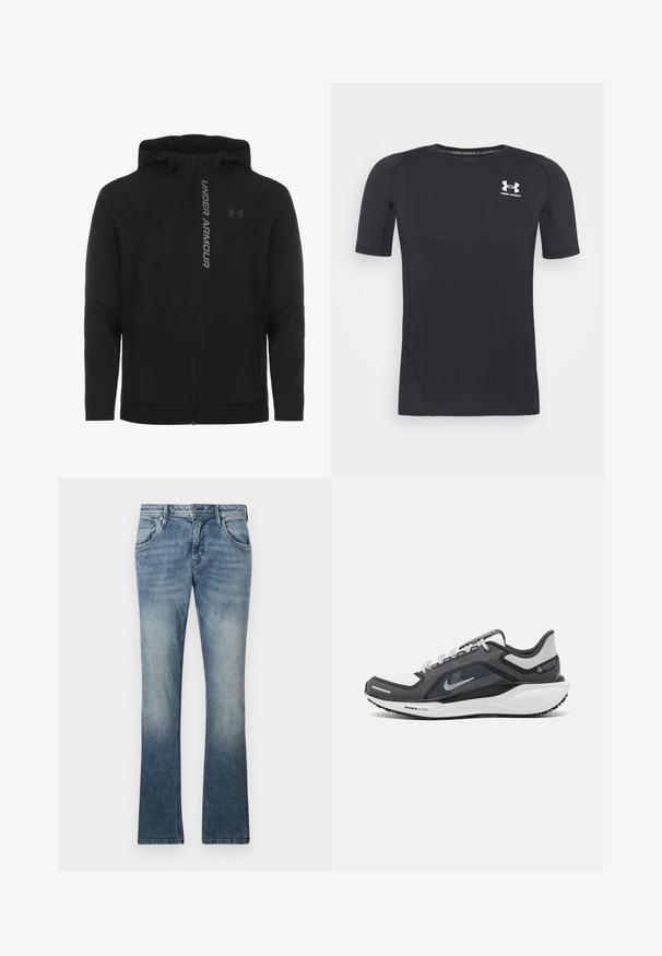 Giacca a zip nera con cappuccio realizzata in materiale morbido e leggero. Presenta il logo riflettente "UNDER ARMOUR" e una texture liscia.; Maglietta sportiva nera a maniche corte realizzata in tessuto traspirante e elastico. Presenta un collo rotondo e un piccolo logo bianco sul petto.; Jeans flare in denim azzurro chiaro con lavaggio sfumato, design a cinque tasche, chiusura con bottone in metallo e cuciture visibili lungo le cuciture.; Scarpa da ginnastica nera e grigia con tomaia in rete, dettagli riflettenti e intersuola bianca. Presenta una suola in gomma testurizzata e lacci.